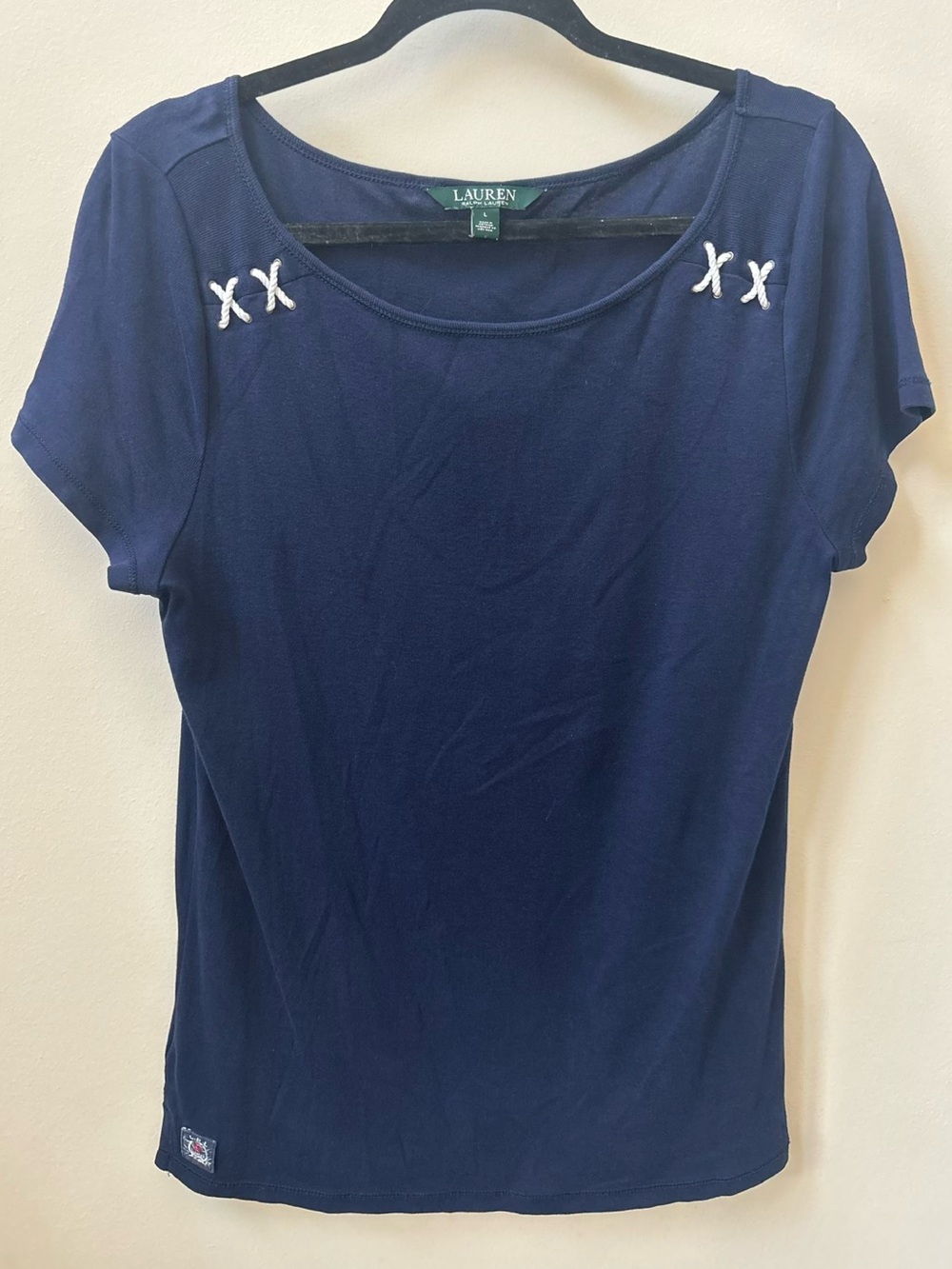 Lauren Ralph Lauren Cotton Navy Short Sleeve Top Size Large